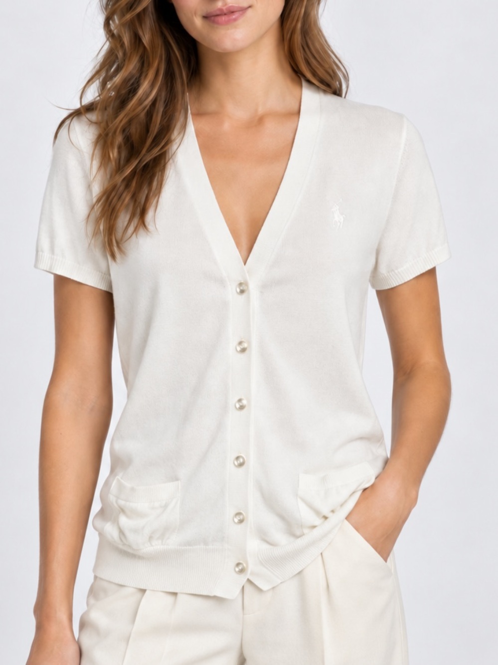Ralph Lauren Pima Cotton Italian Yarn Short-Sleeve Cardigan in Ivory